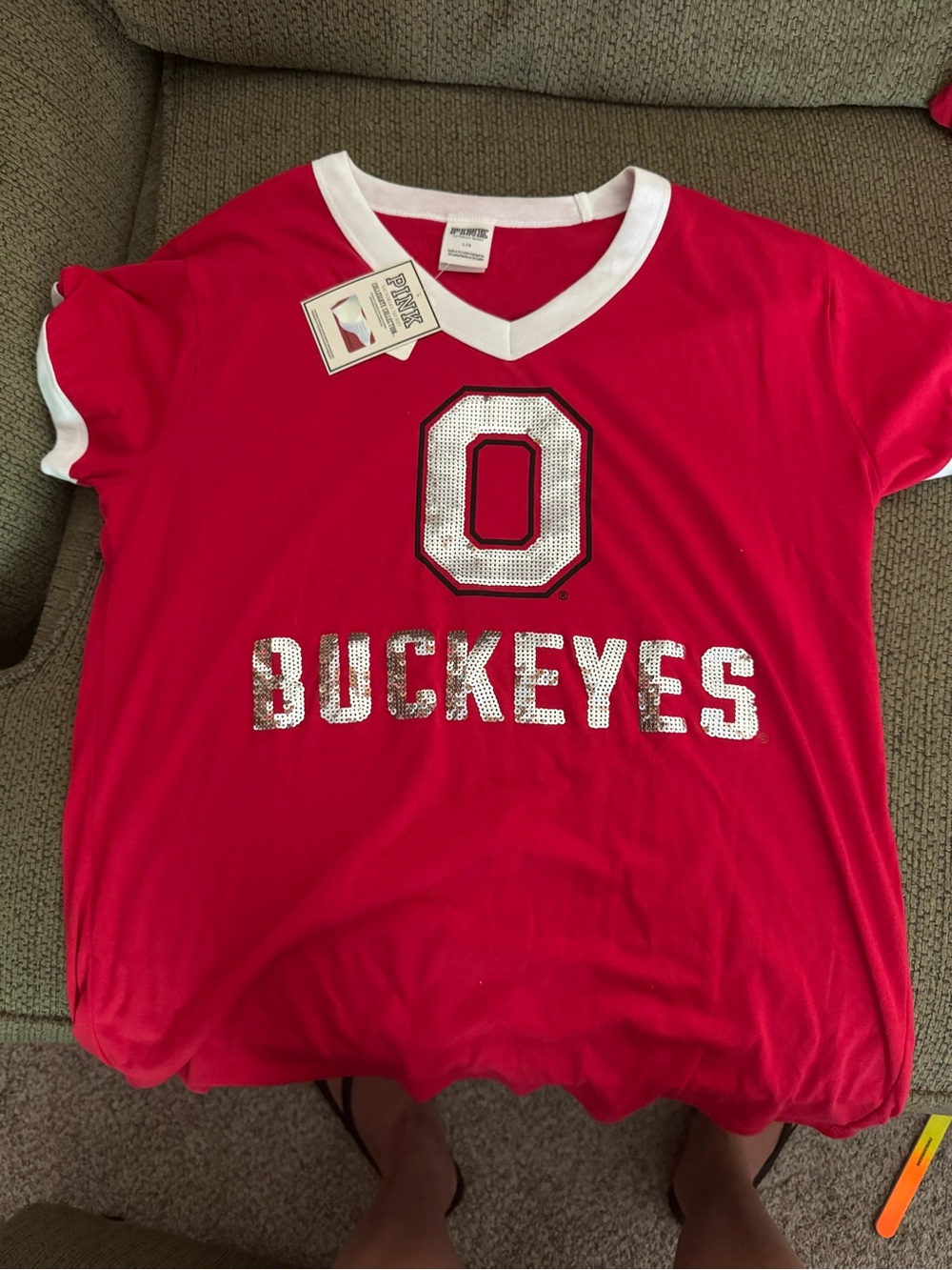 PINK Victoria's Secret Red V-Neck Sequin Logo Tee
